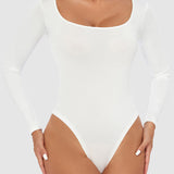 Women's Seamless Square Neck Long Sleeve Bodysuits Sculpting Thong Bottoming Shirt Body Shaper