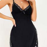 Sexy Lace Trim Slit Lingerie Sleeping Dress Body Shaping Bow Cami Midi Nightgown