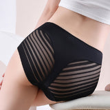 Women's Sexy Seamless Hollow Stripe Mesh Underwear Mid Waist Thong Shaping Briefs
