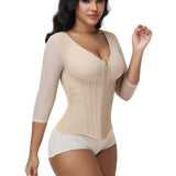 V Neck 3/4 Mesh Sleeve Zipper Waist Trainer High Compression Shaping Top