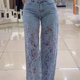 Sorelyne® Cut out Floral Denim with Lace Wide Leg Jeans for Women