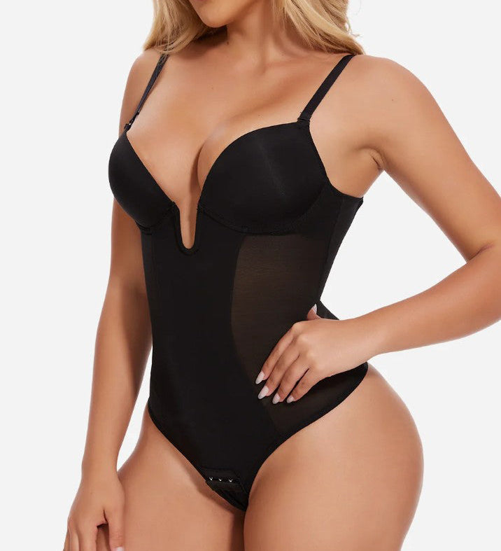 Sexy Plunge Neck Backless Mesh Panel Shapewear Thong Bodysuit