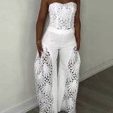 Elegant Strapless Floral Eyelet Cutout Top & Wide Leg Pants Set
