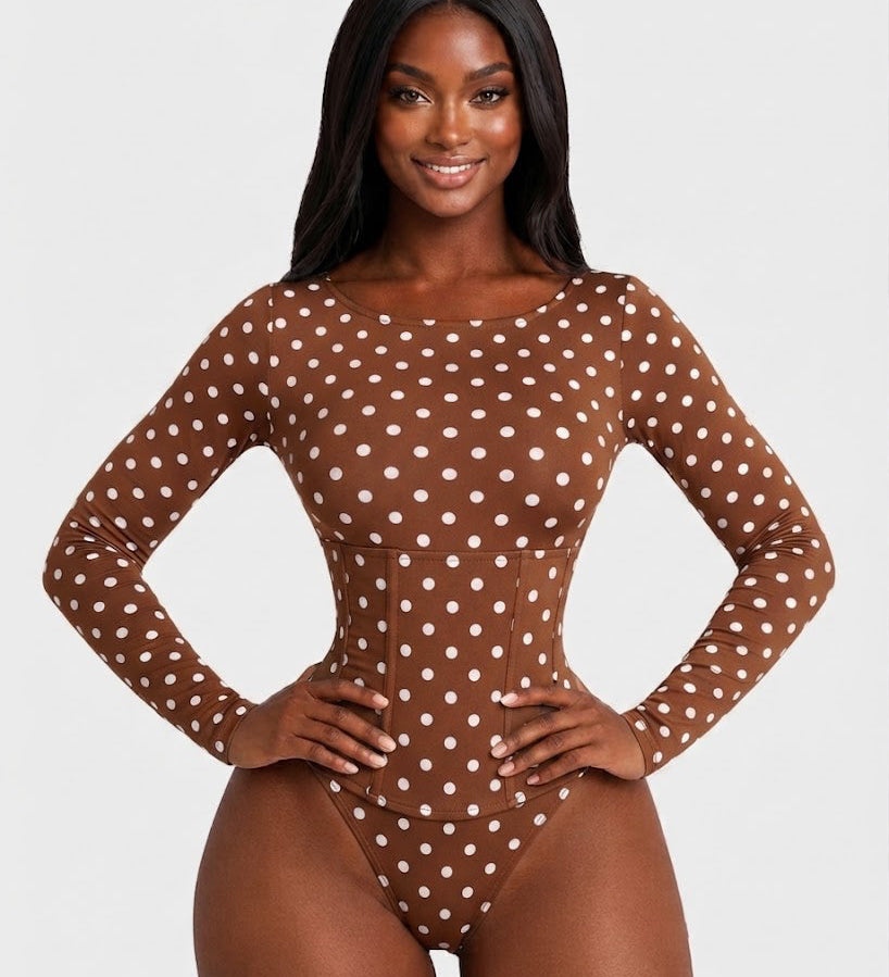 Polka Dot Scoop Neck Long Sleeve Bodysuit Detachable Corset Two Piece Set