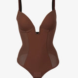 Sexy Plunge Neck Backless Mesh Panel Shapewear Thong Bodysuit