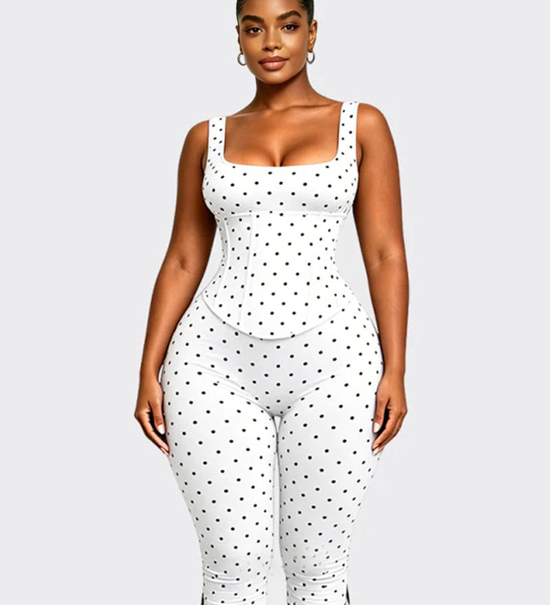 Polka Dot Square Neck Capri Jumpsuit with Hourglass Detachable Corset Two-Piece Set