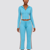 Two Piece Activewear Set Stripe Zip Up Hooded Crop Top with Capri Flare Pants