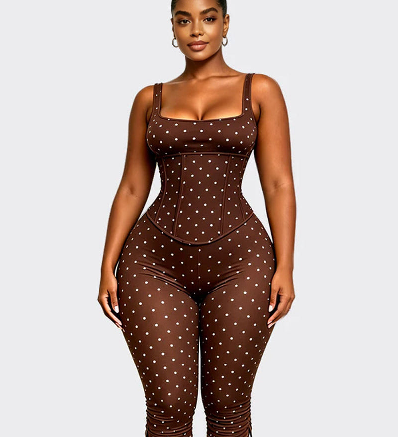 Polka Dot Square Neck Capri Jumpsuit with Hourglass Detachable Corset Two-Piece Set