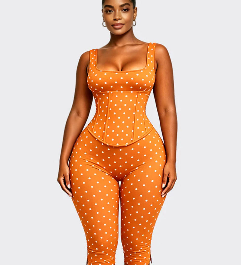 Polka Dot Square Neck Capri Jumpsuit with Hourglass Detachable Corset Two-Piece Set