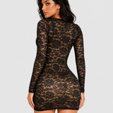 Square Neck Long Sleeve Lace Bodycon Mini Dress