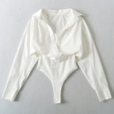 Solid Casual Button Up Shirt Bodysuit