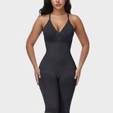 V Neck Front Zip Crisscross Back Knee Length Tummy Contro Bodysuit Butt Lifting Shaper