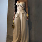 Strapless Mesh Cutout Corset Wide-Leg Jumpsuit