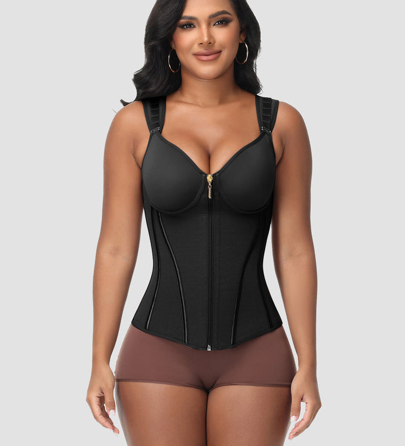 Double Compression Long Slimming Girdle Waist Trainer Zipper Vest with Bra