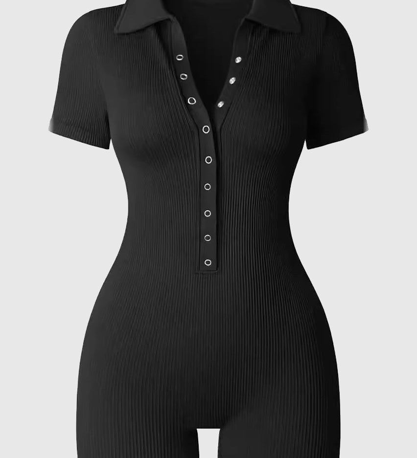 Ribbed Polo Collar Half Snap Front Short Sleeve Bodycon Romper