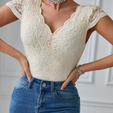 Sexy Deep V Neck Lace Short Sleeve Bodysuit One Piece Slim Fit Body Shaper