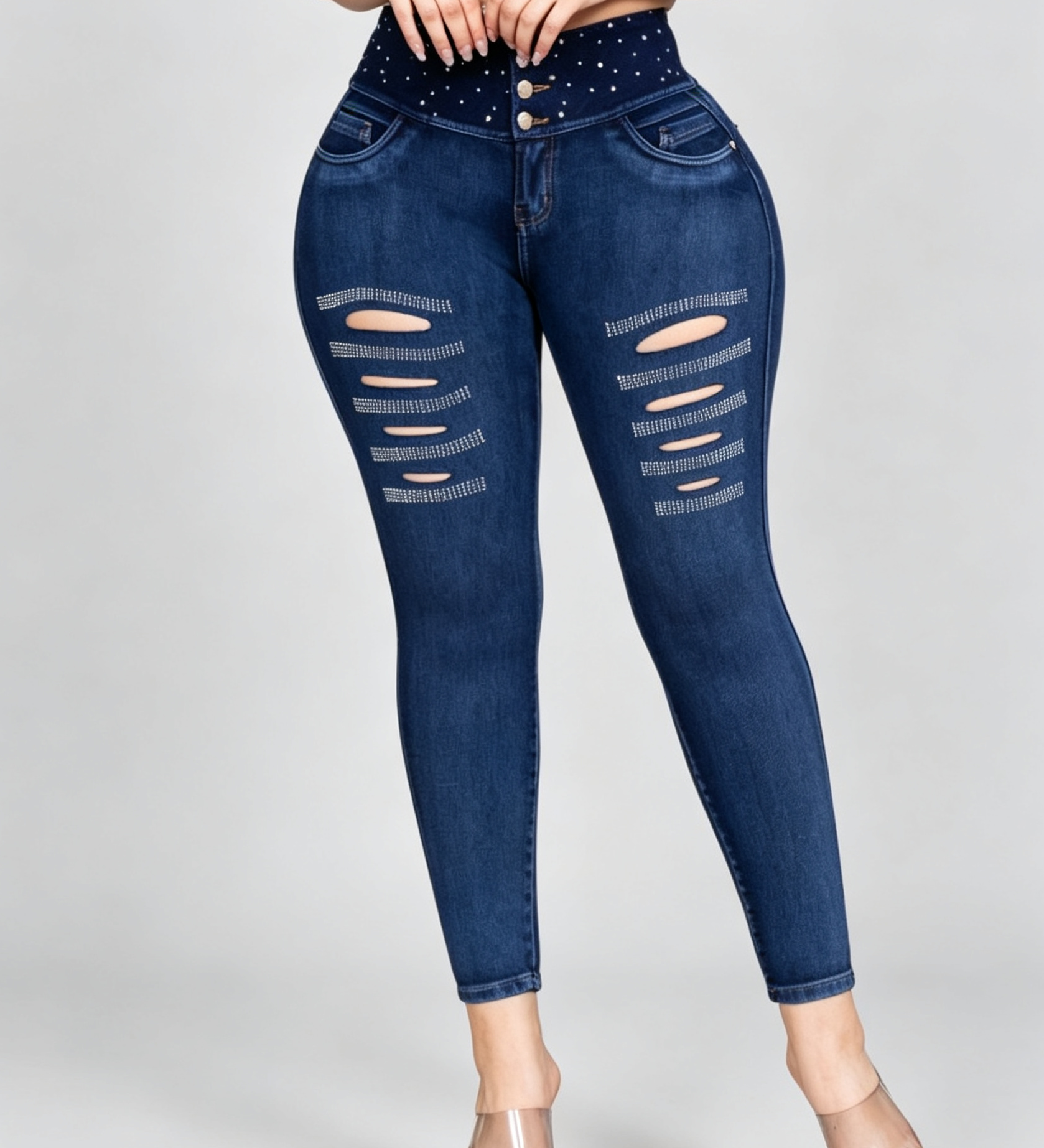 High Waist Double Button Rhinestone Ripped Butt Lifting Skinny Jeans