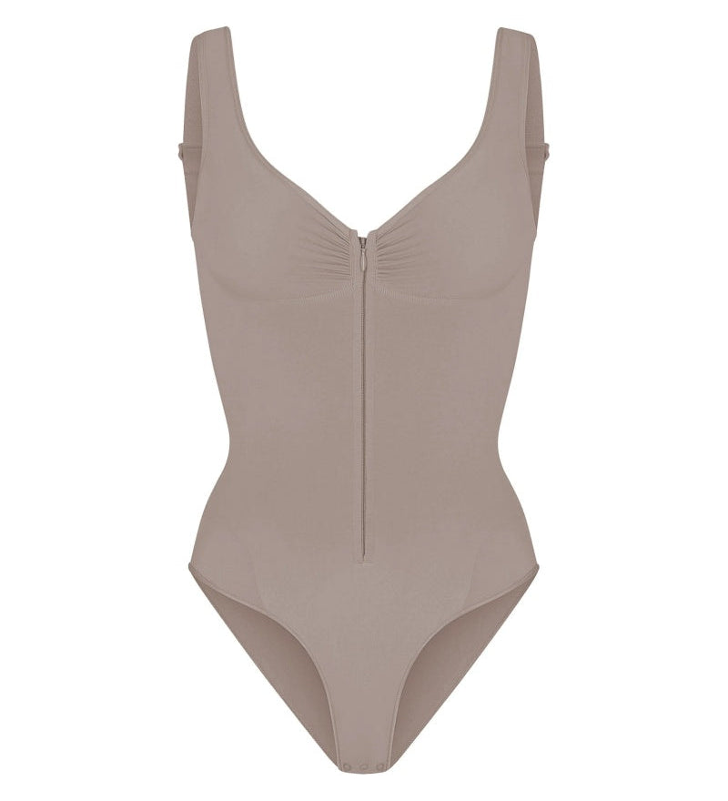 Deep V Seamless Backless Triangle Shapewear Bodysuit with Front Zipper