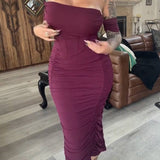 Off Shoulder Ruched Tummy Tuck Bodycon Midi Dress with Fishbone