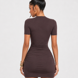 Wrap Cross Neck Ruched Short Sleeve Bodycon Mini Dress