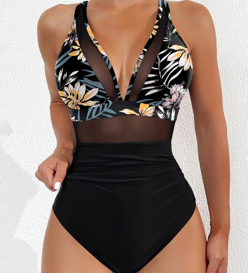Sexy Deep V Mesh Backless One Piece Shapewear Swimsuit