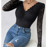 Floral Lace Sheer Long Sleeve Bodysuit V Neck Slim Fit Thong Body Shaper