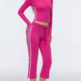 Two Piece Activewear Set Stripe Zip Up Hooded Crop Top with Capri Flare Pants