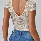 Sexy Deep V Neck Lace Short Sleeve Bodysuit One Piece Slim Fit Body Shaper