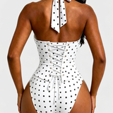Polka Dot Halter Corset One-Piece Swimsuit