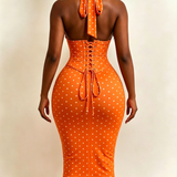 Polka Dot Corset Halter Midi Dress with Lace-Up Back