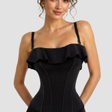 Black Shimmer Ruffle Trim Corset Top with Adjustable Straps