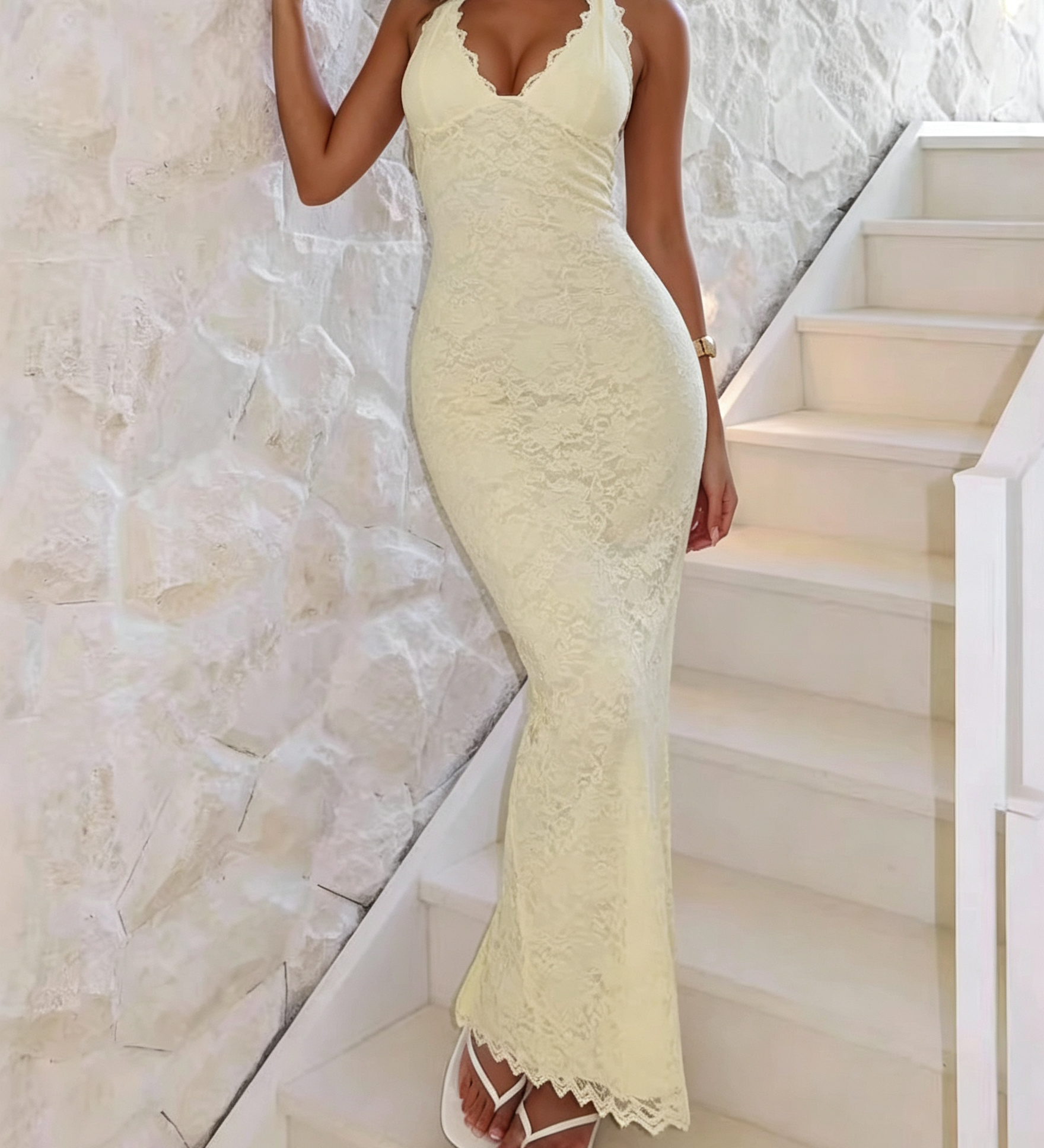 Halter Deep V Backless Lace Slit Midi Bodycon Dress