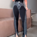 High Waist Contrast Color Skinny Jeans with Front Slit