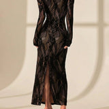 Square Neck Long Sleeve Lace Bodycon Maxi Dress