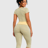 Striped Crew Neck Short Sleeve Crop Top Capri Leggings Two Piece Set