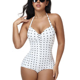 Polka Dot Halter Lace Up Back Zipper Bodysuit