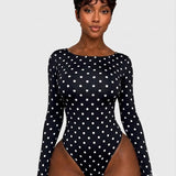 Long Sleeve Polka Dot Large U Open Back Tummy Control Thong Bodysuit