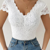Sexy Deep V Neck Lace Short Sleeve Bodysuit One Piece Slim Fit Body Shaper