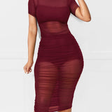 Women's Sexy Mesh See Through Short Sleeve Three Piece Suit