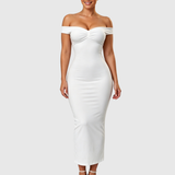 Off Shoulder Ruched Bust Bodycon Maxi Dress with Back Slit