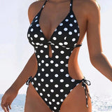 Polka Dot Halter Side Cutout Side One Piece Swimsuit