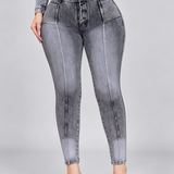 High Waist Rhinestone Pocket Butt Lifting Seam Detail Skinny Jeans