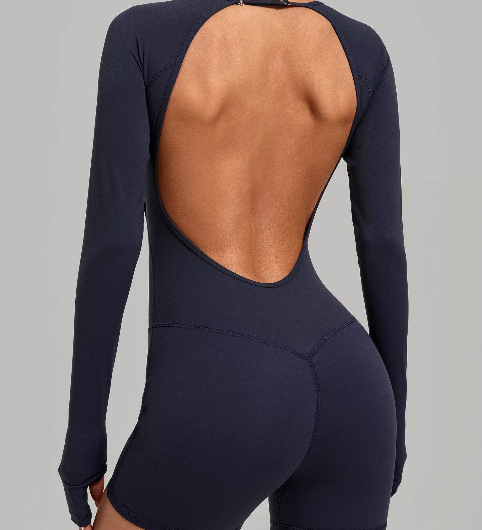 Round Neck Long Sleeve Open Back Tight Fit Workout Romper