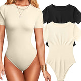 Women Sexy Ribbed Round Neck Short Sleeve Tummy Control Thong Bodysuit