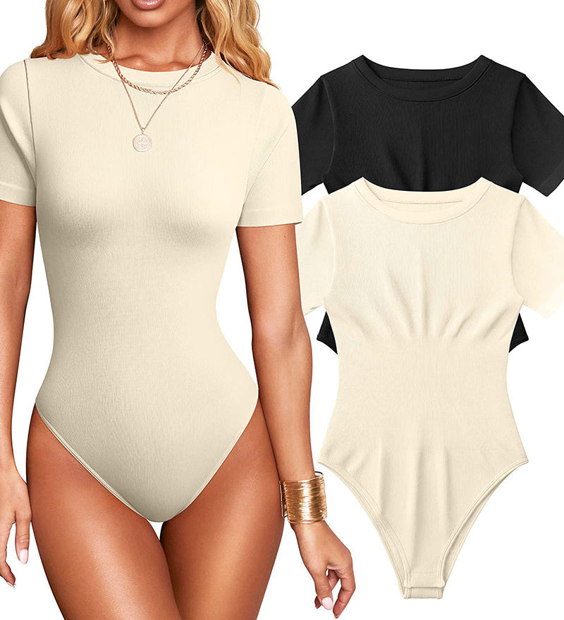 Women Sexy Ribbed Round Neck Short Sleeve Tummy Control Thong Bodysuit
