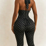 Hourglass Figure Body Shaper Waist Cincher Polka Dot Capri Jumpsuit Two-Piece Set