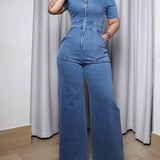 Women's Casual Short Sleeve Loose Straight Leg Denim Jumpsuits with Pockets