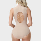 Lace Mock Neck Sleeveless Crisscross Open Back Seamless Shaping Bodysuit