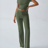 Essential Two-Piece Active Set ropped Short Sleeve Top Drawstring Flare Pants
