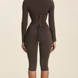 Long Sleeve Detachable Waist Cincher Two Piece Capri Shapewear Corset Jumpsuit